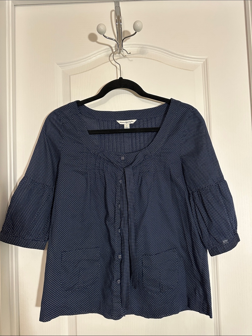 American Eagle Outfitters Navy Dot Button-Front Peasant Blouse
